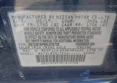 2019 Nissan Versa 1.6 Sv from USA, damaged, VIN 3N1CN7AP9KL870728